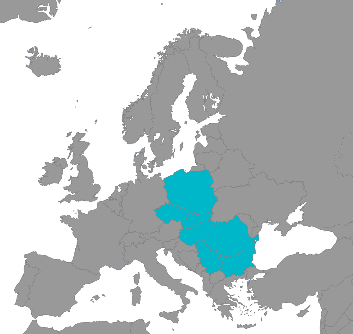 Grey map of Europe showing Hungary, Poland, Czechia, Romania, and Bulgaria in blue for RP-CRO clinical operations.