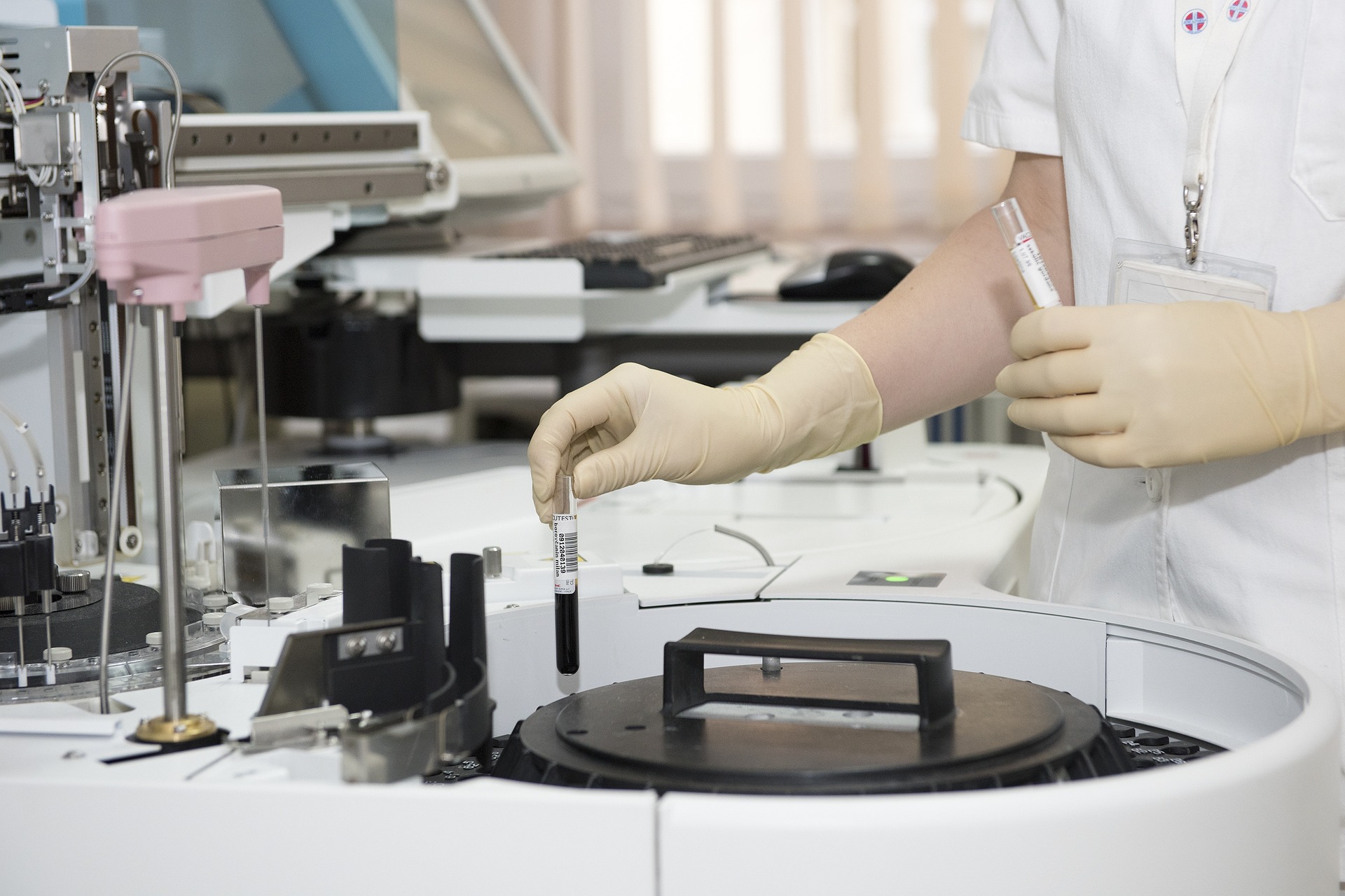 A central laboratory centrifuges clinical study subject blood samples as part of an RP-CRO clinical study.